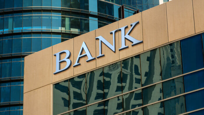 A bank building with a "bank" signage