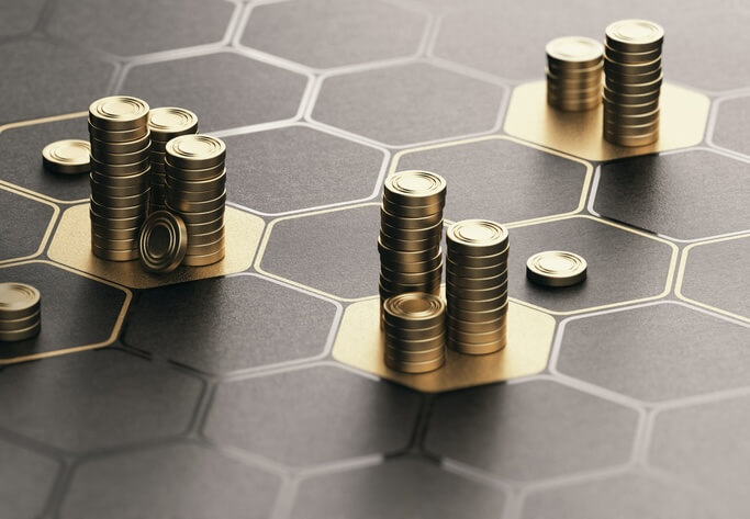 Abstract gold metallic discs stacked across a dark, interconnected hexagonal grid, illustrating a dynamic and structured financial strategy.